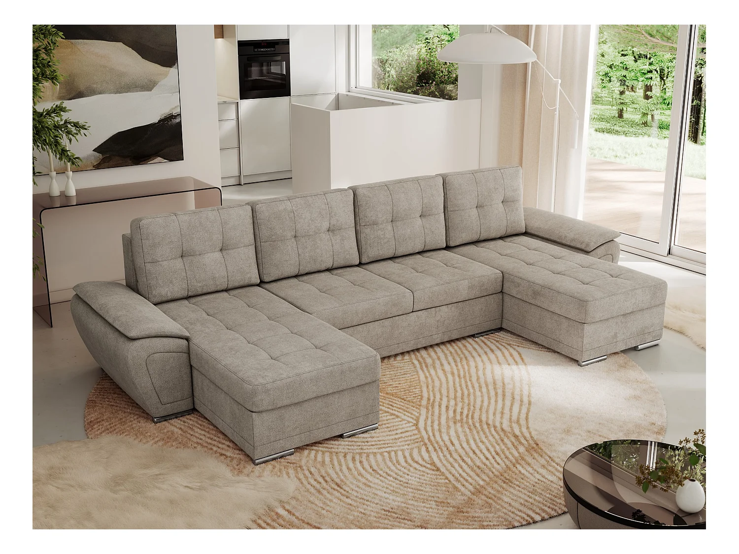 Ecksofa UMBRIA U - XXL Wohnlandschaft, mit Schlaffunktion und Bettkasten, genähte Ecke - Beige Stukture
