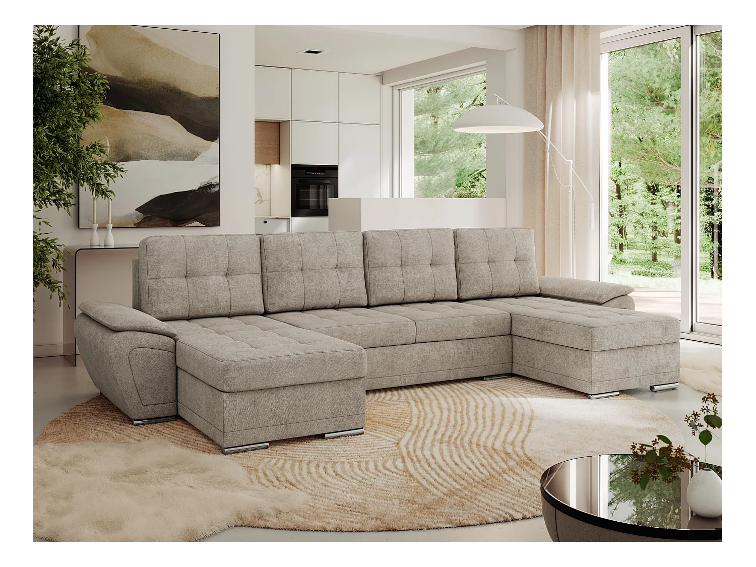 Ecksofa UMBRIA U - XXL Wohnlandschaft, mit Schlaffunktion und Bettkasten, genähte Ecke - Beige Stukture