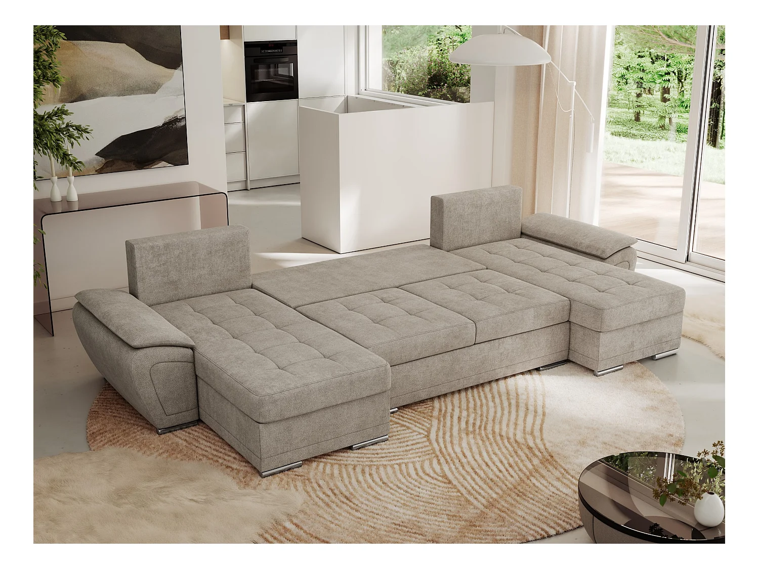 Ecksofa UMBRIA U - XXL Wohnlandschaft, mit Schlaffunktion und Bettkasten, genähte Ecke - Beige Stukture