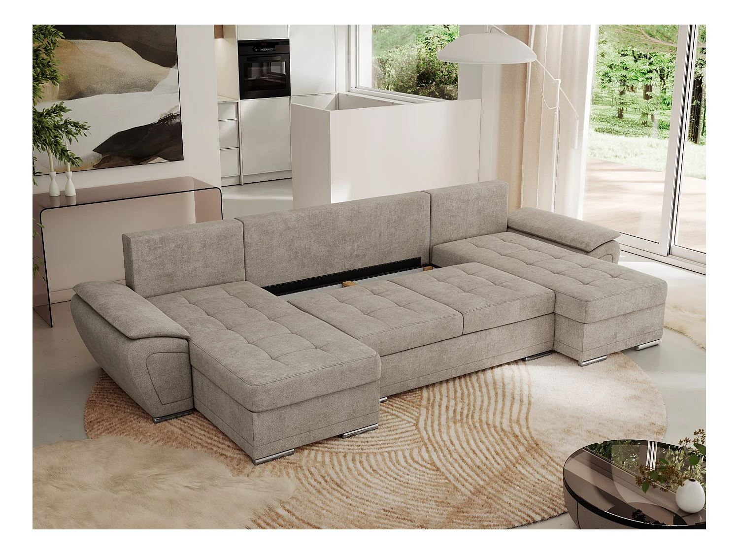 Ecksofa UMBRIA U - XXL Wohnlandschaft, mit Schlaffunktion und Bettkasten, genähte Ecke - Beige Stukture