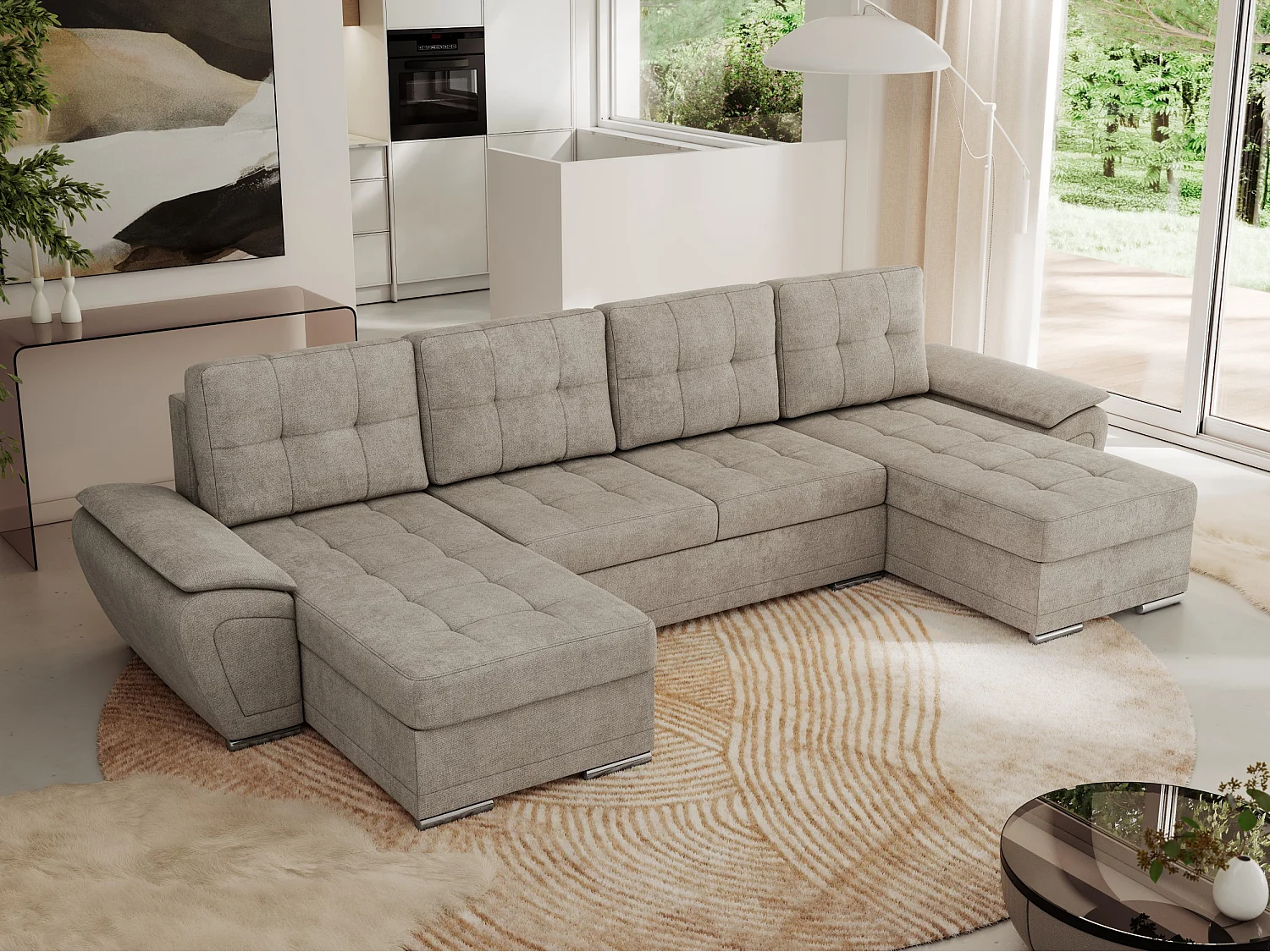 Ecksofa UMBRIA U - XXL Wohnlandschaft, mit Schlaffunktion und Bettkasten, genähte Ecke - Beige Stukture