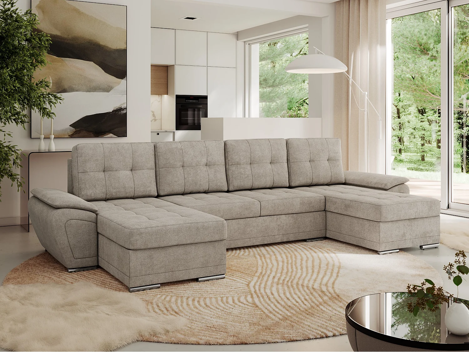 Ecksofa UMBRIA U - XXL Wohnlandschaft, mit Schlaffunktion und Bettkasten, genähte Ecke - Beige Stukture