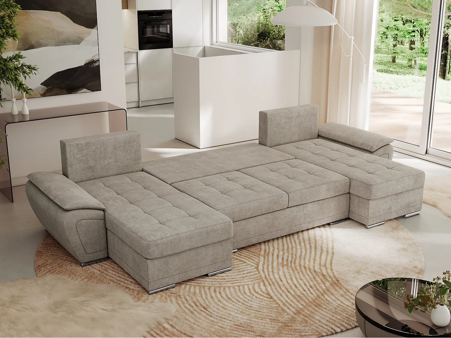 Ecksofa UMBRIA U - XXL Wohnlandschaft, mit Schlaffunktion und Bettkasten, genähte Ecke - Beige Stukture