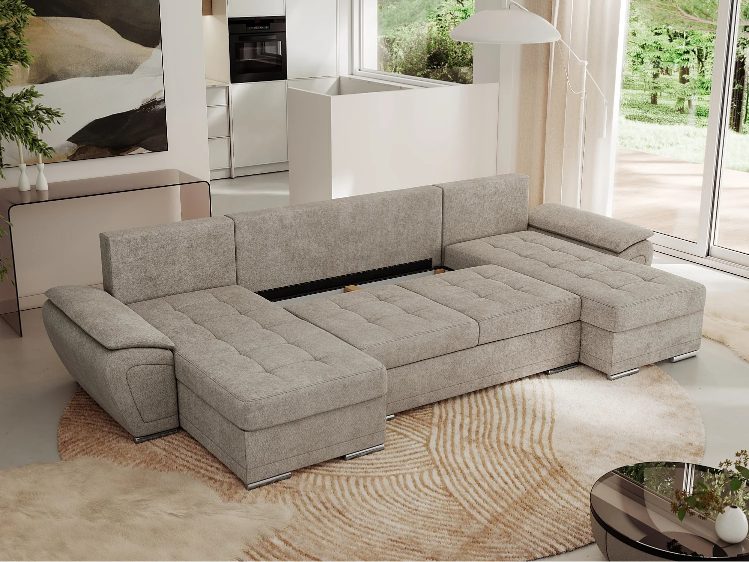 Ecksofa UMBRIA U - XXL Wohnlandschaft, mit Schlaffunktion und Bettkasten, genähte Ecke - Beige Stukture
