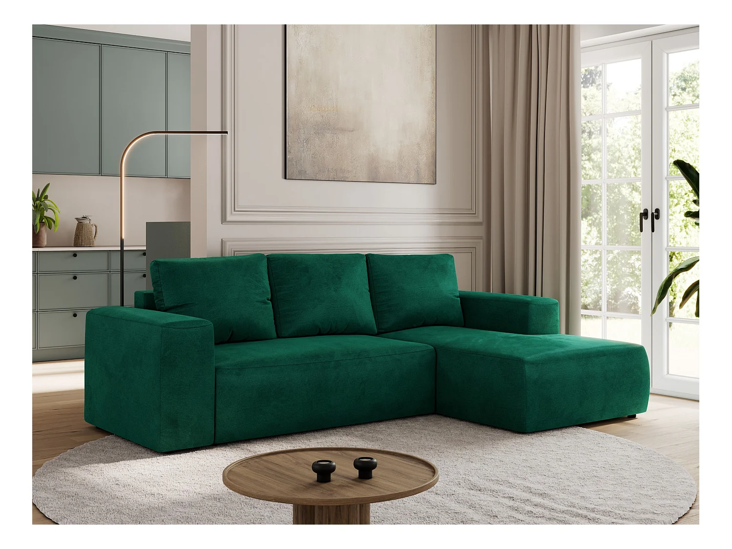 Ecksofa TRENTINO - mit Schlaffunktion und Bettkasten, L-form Couch, lose Kissen und Armlehnen - Dunkelgrün Velvet - Ecke Rechts