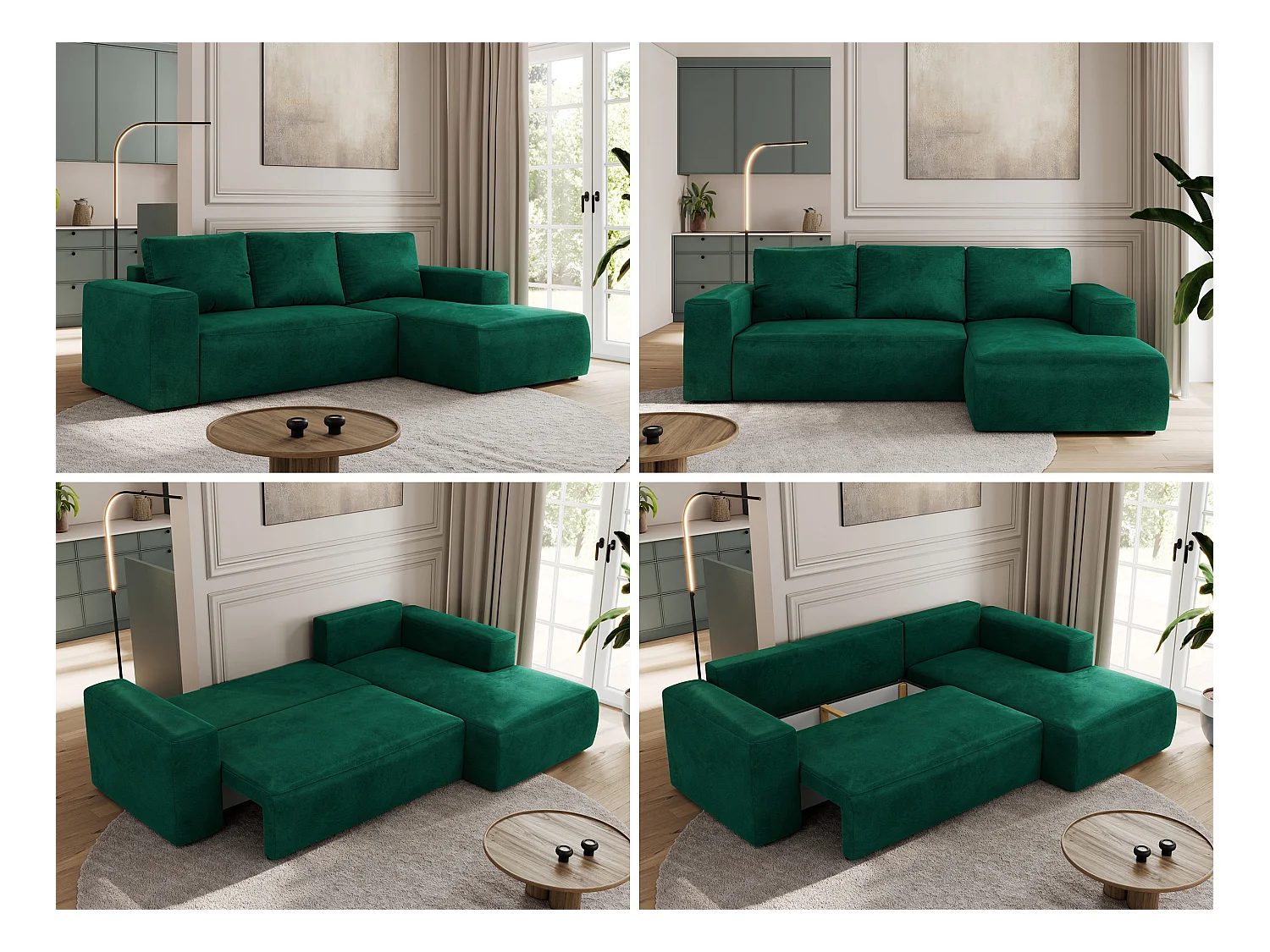 Ecksofa TRENTINO - mit Schlaffunktion und Bettkasten, L-form Couch, lose Kissen und Armlehnen - Dunkelgrün Velvet - Ecke Rechts