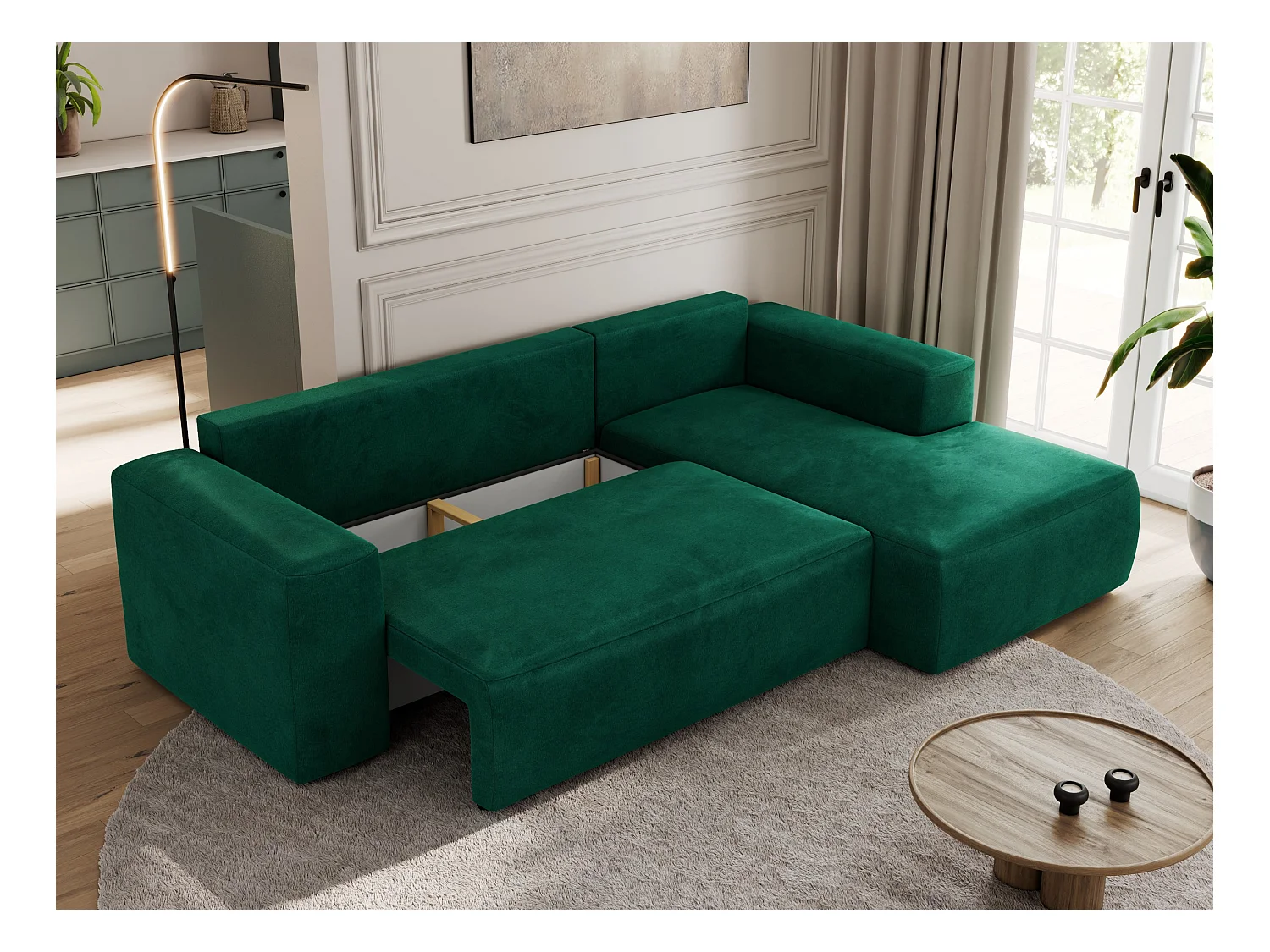 Ecksofa TRENTINO - mit Schlaffunktion und Bettkasten, L-form Couch, lose Kissen und Armlehnen - Dunkelgrün Velvet - Ecke Rechts