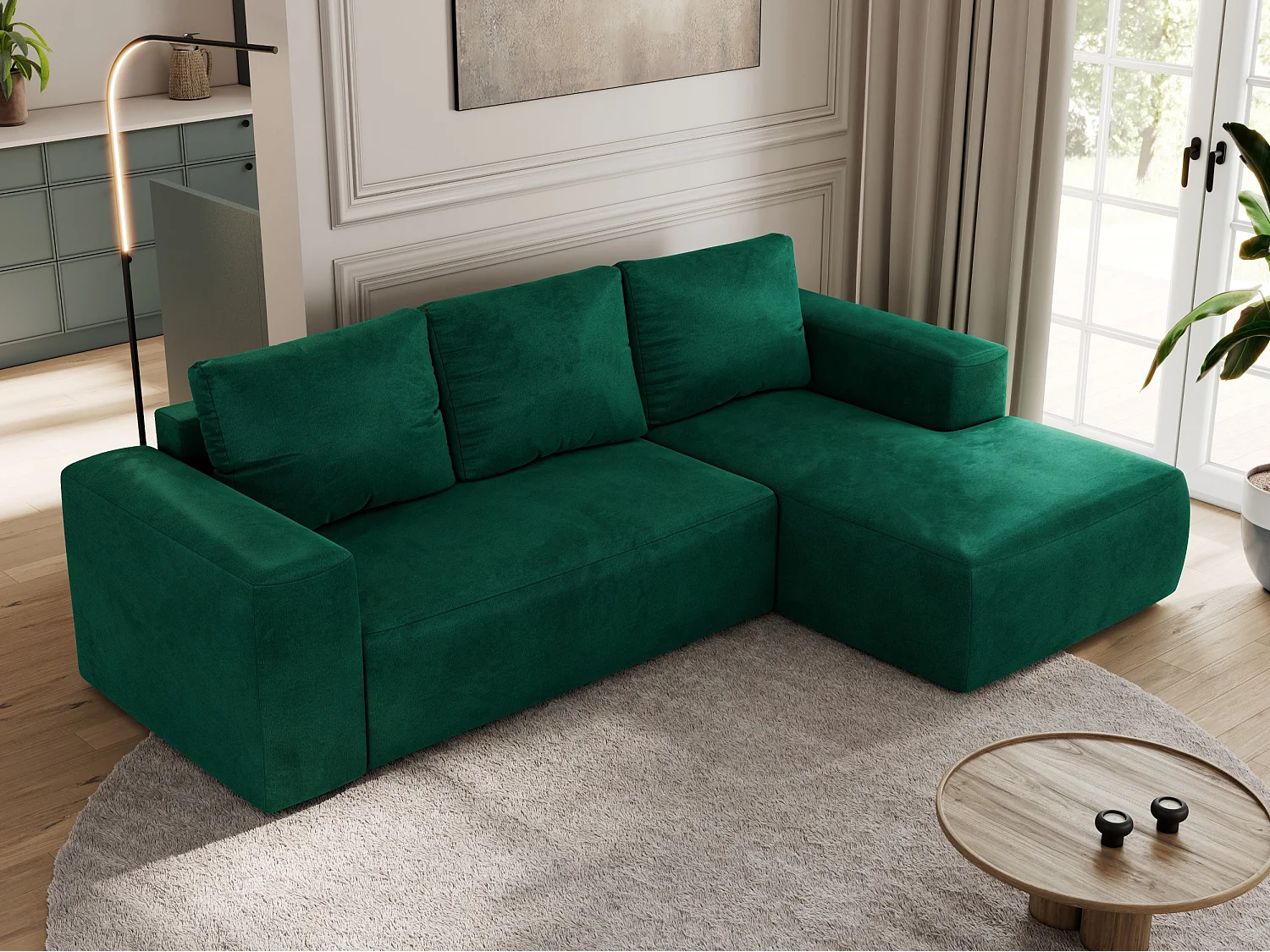 Ecksofa TRENTINO - mit Schlaffunktion und Bettkasten, L-form Couch, lose Kissen und Armlehnen - Dunkelgrün Velvet - Ecke Rechts