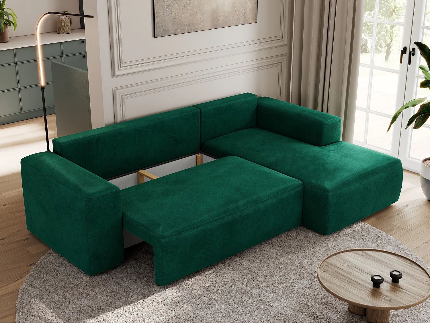 Ecksofa TRENTINO - mit Schlaffunktion und Bettkasten, L-form Couch, lose Kissen und Armlehnen - Dunkelgrün Velvet - Ecke Rechts