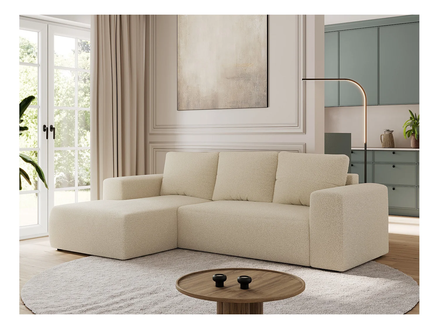 Ecksofa TRENTINO - mit Schlaffunktion und Bettkasten, L-form Couch, lose Kissen und Armlehnen - Beige Boucle - Ecke Links