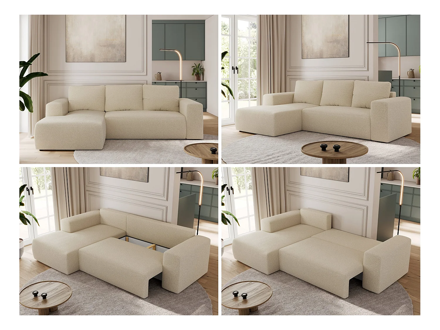 Ecksofa TRENTINO - mit Schlaffunktion und Bettkasten, L-form Couch, lose Kissen und Armlehnen - Beige Boucle - Ecke Links