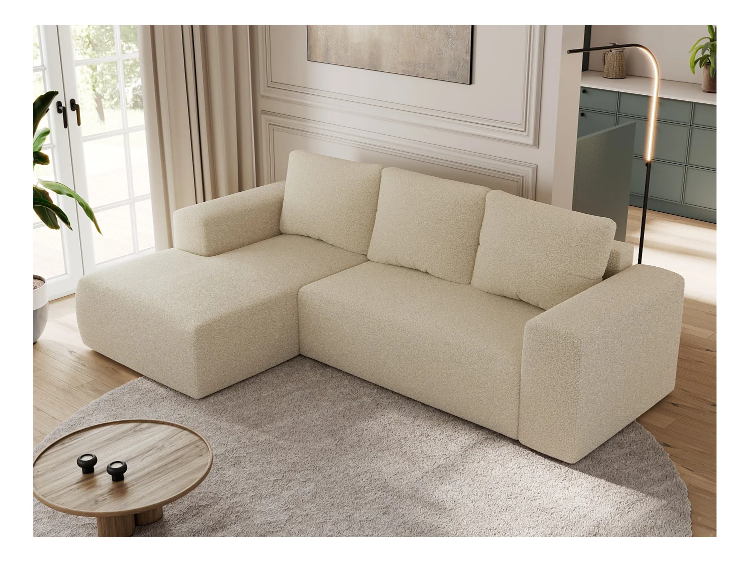 Ecksofa TRENTINO - mit Schlaffunktion und Bettkasten, L-form Couch, lose Kissen und Armlehnen - Beige Boucle - Ecke Links