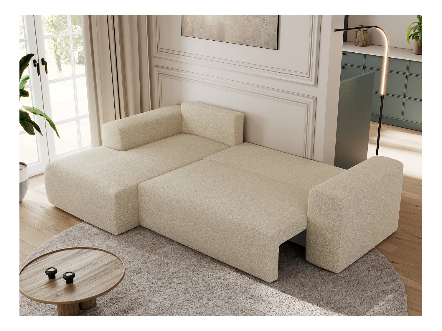 Ecksofa TRENTINO - mit Schlaffunktion und Bettkasten, L-form Couch, lose Kissen und Armlehnen - Beige Boucle - Ecke Links