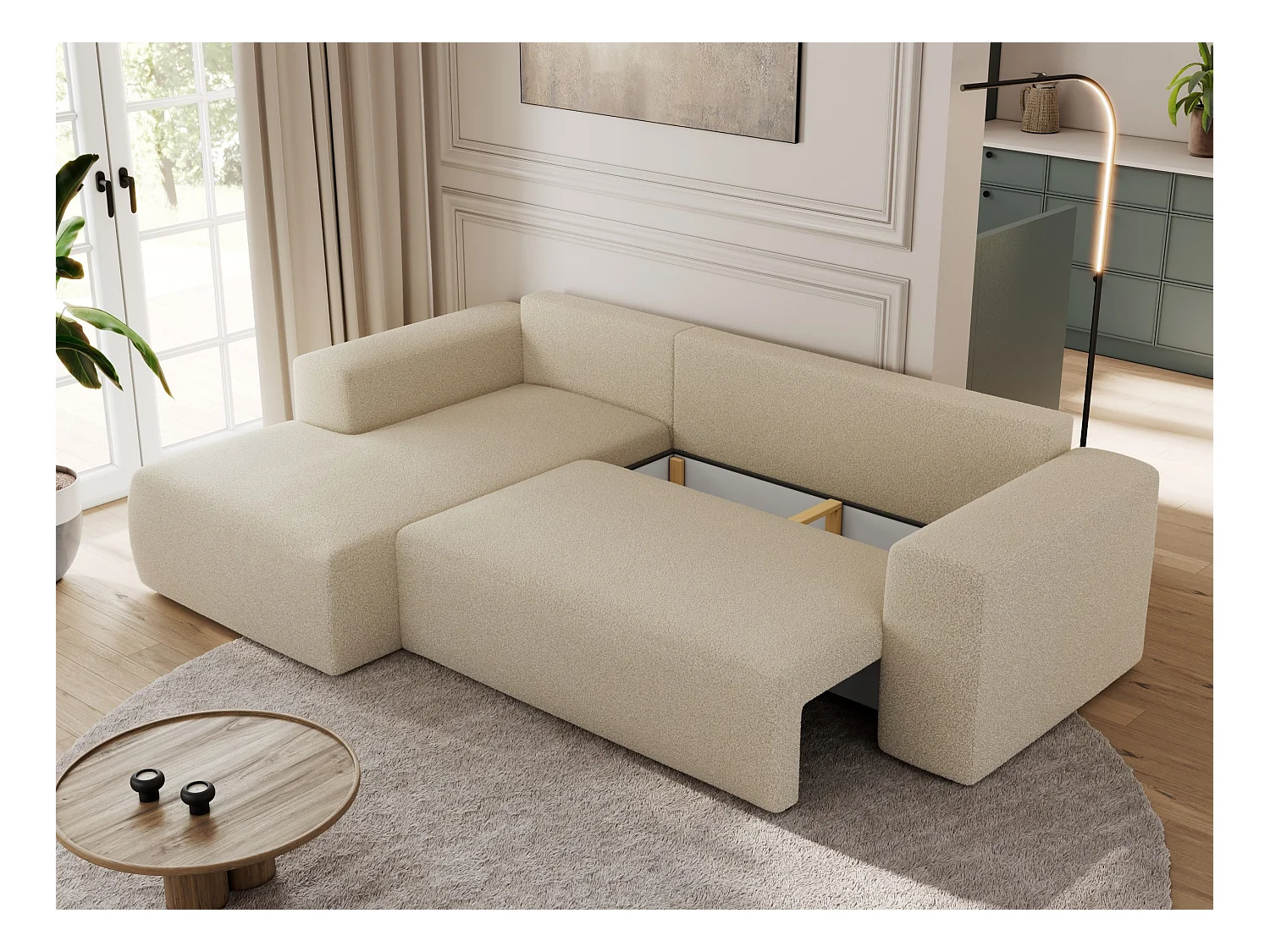 Ecksofa TRENTINO - mit Schlaffunktion und Bettkasten, L-form Couch, lose Kissen und Armlehnen - Beige Boucle - Ecke Links