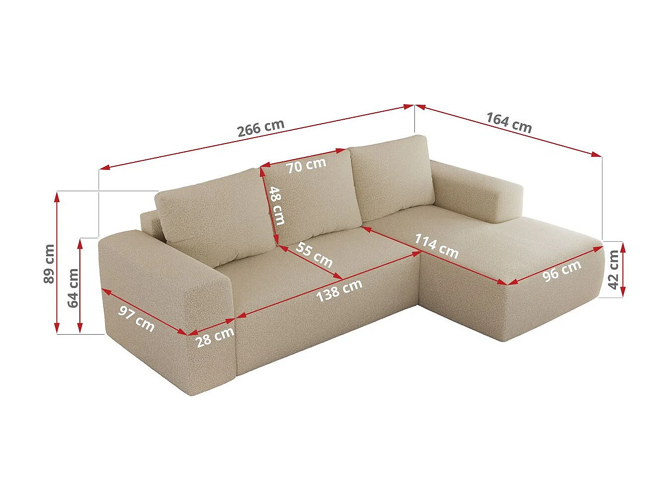 Ecksofa TRENTINO - mit Schlaffunktion und Bettkasten, L-form Couch, lose Kissen und Armlehnen - Beige Boucle - Ecke Links