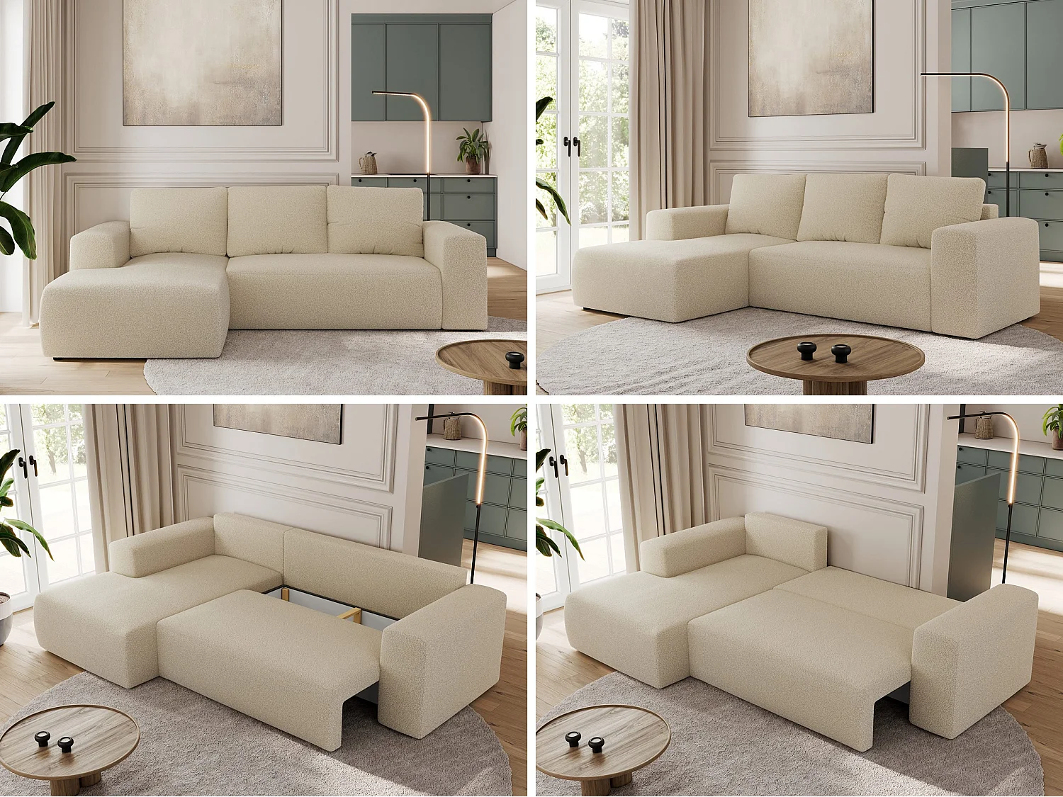 Ecksofa TRENTINO - mit Schlaffunktion und Bettkasten, L-form Couch, lose Kissen und Armlehnen - Beige Boucle - Ecke Links