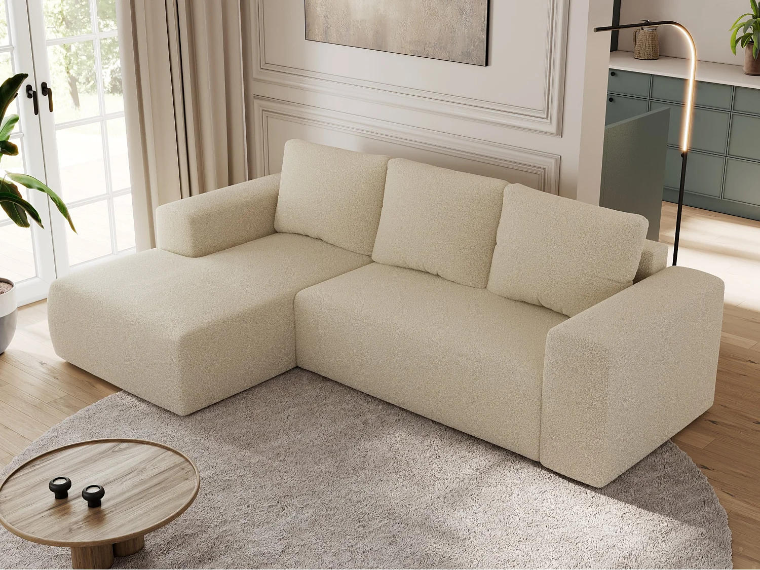 Ecksofa TRENTINO - mit Schlaffunktion und Bettkasten, L-form Couch, lose Kissen und Armlehnen - Beige Boucle - Ecke Links
