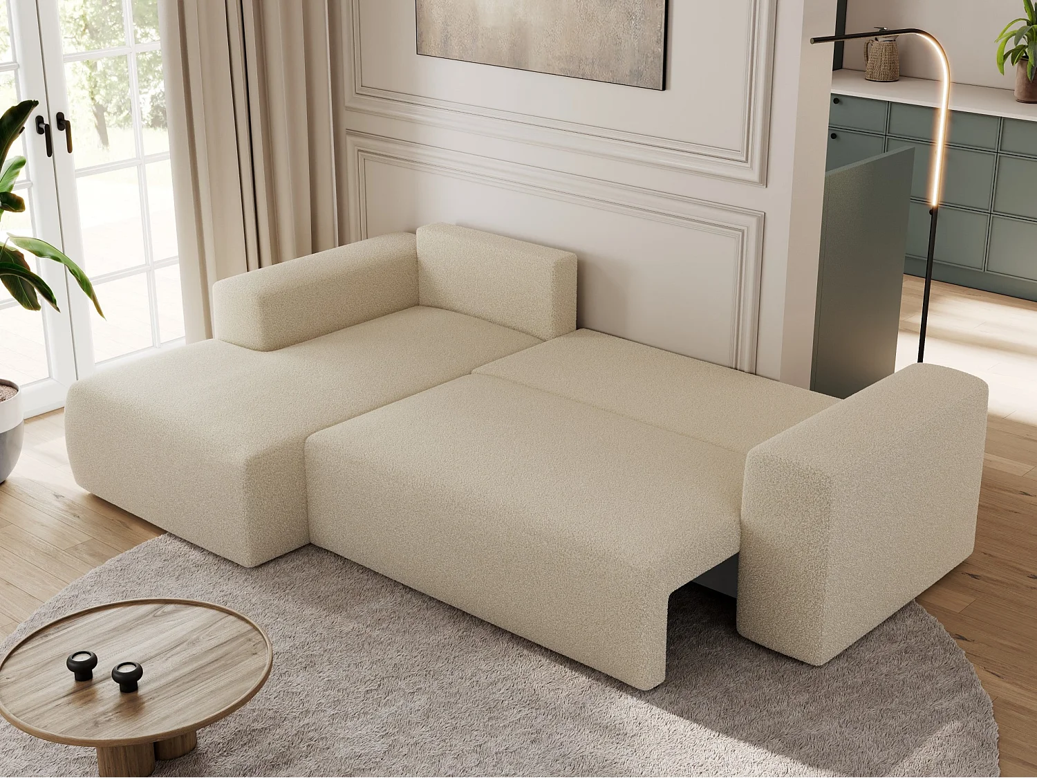 Ecksofa TRENTINO - mit Schlaffunktion und Bettkasten, L-form Couch, lose Kissen und Armlehnen - Beige Boucle - Ecke Links