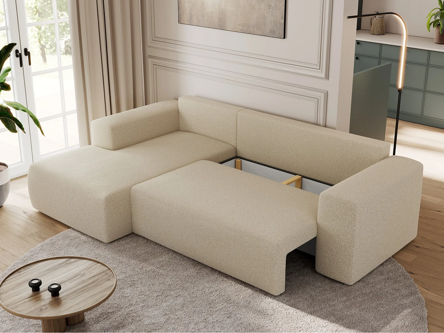 Ecksofa TRENTINO - mit Schlaffunktion und Bettkasten, L-form Couch, lose Kissen und Armlehnen - Beige Boucle - Ecke Links