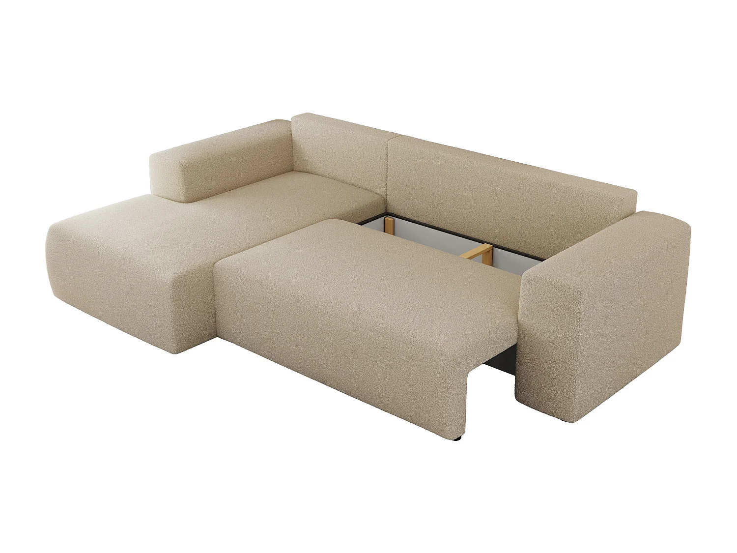 Ecksofa TRENTINO - mit Schlaffunktion und Bettkasten, L-form Couch, lose Kissen und Armlehnen - Beige Boucle - Ecke Links