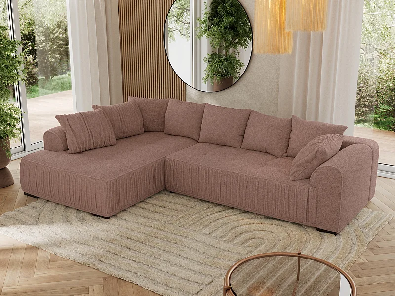 Ecksofa ORTA - Schlaffunktion und Bettkasten, lose Kissen, gesteppter Sitz, L-förmige Ecke - Rosa Boucle - Ecke Links