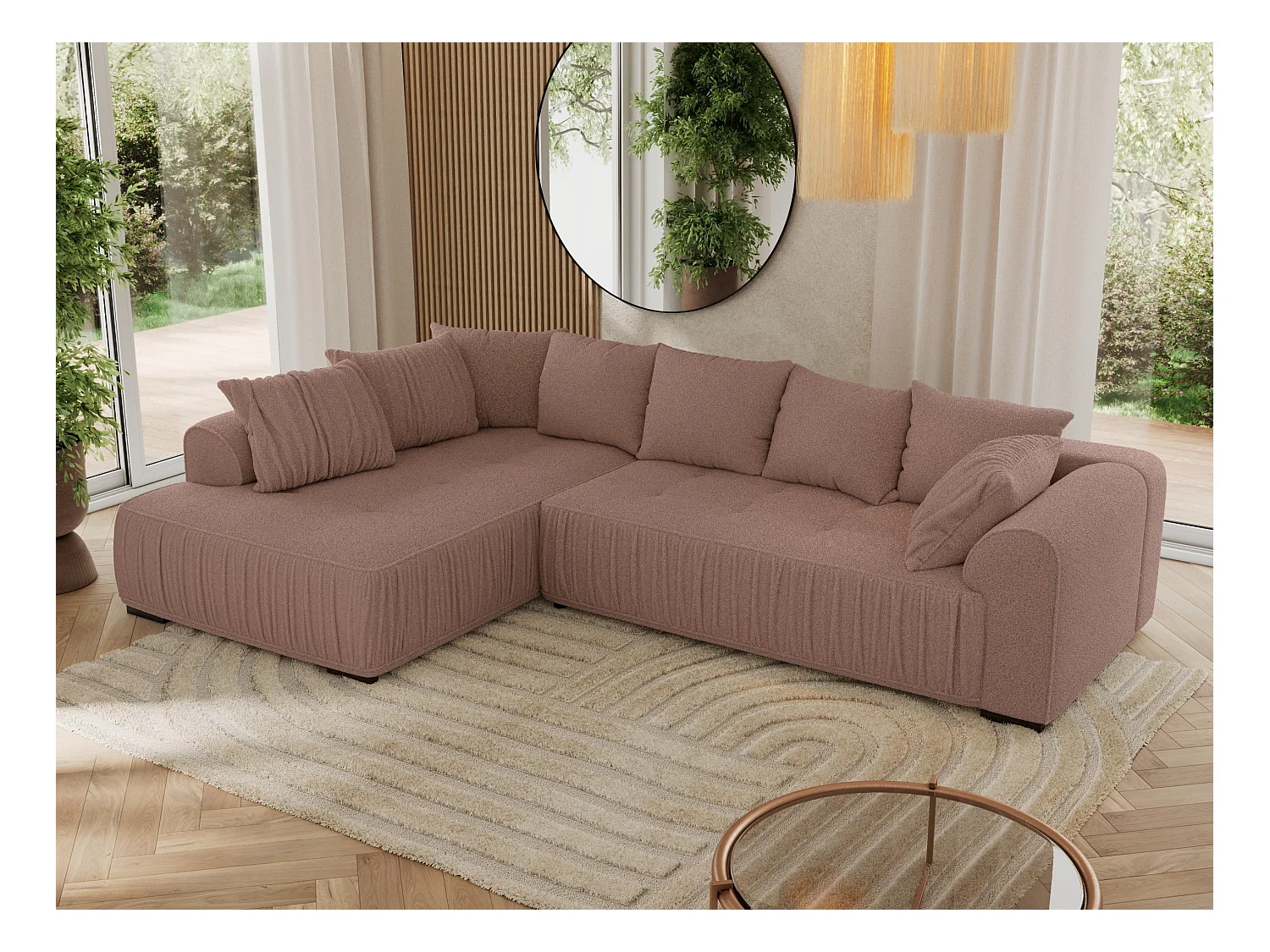 Ecksofa ORTA - Schlaffunktion und Bettkasten, lose Kissen, gesteppter Sitz, L-förmige Ecke - Rosa Boucle - Ecke Links