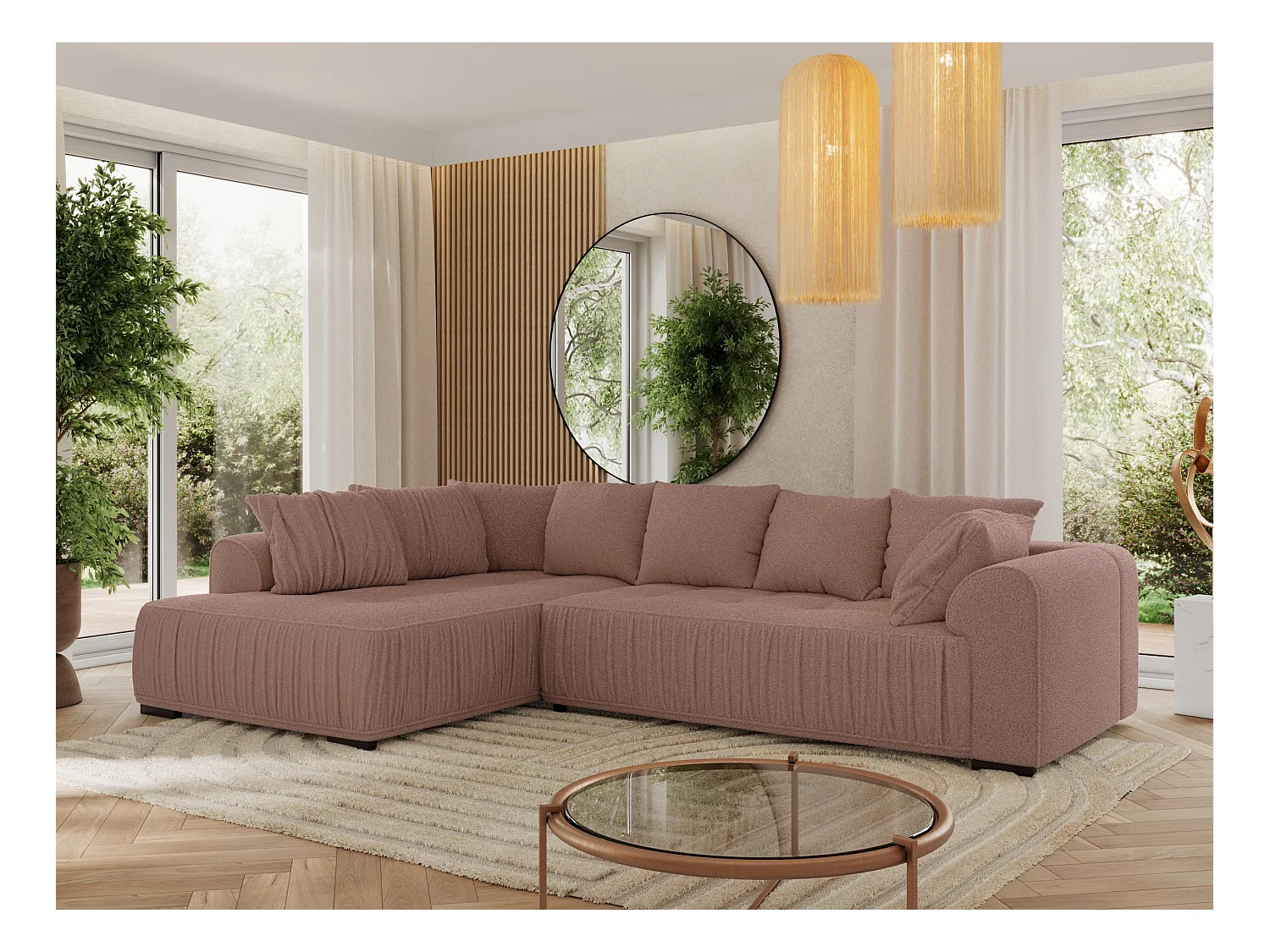 Ecksofa ORTA - Schlaffunktion und Bettkasten, lose Kissen, gesteppter Sitz, L-förmige Ecke - Rosa Boucle - Ecke Links