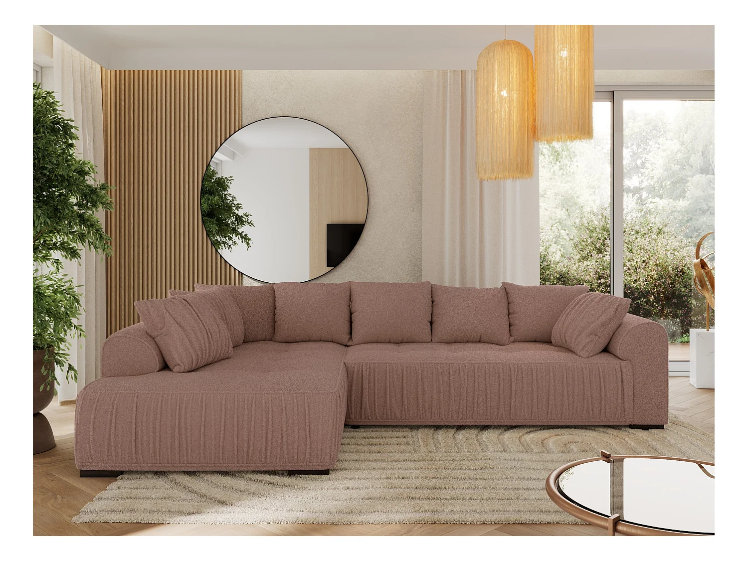 Ecksofa ORTA - Schlaffunktion und Bettkasten, lose Kissen, gesteppter Sitz, L-förmige Ecke - Rosa Boucle - Ecke Links
