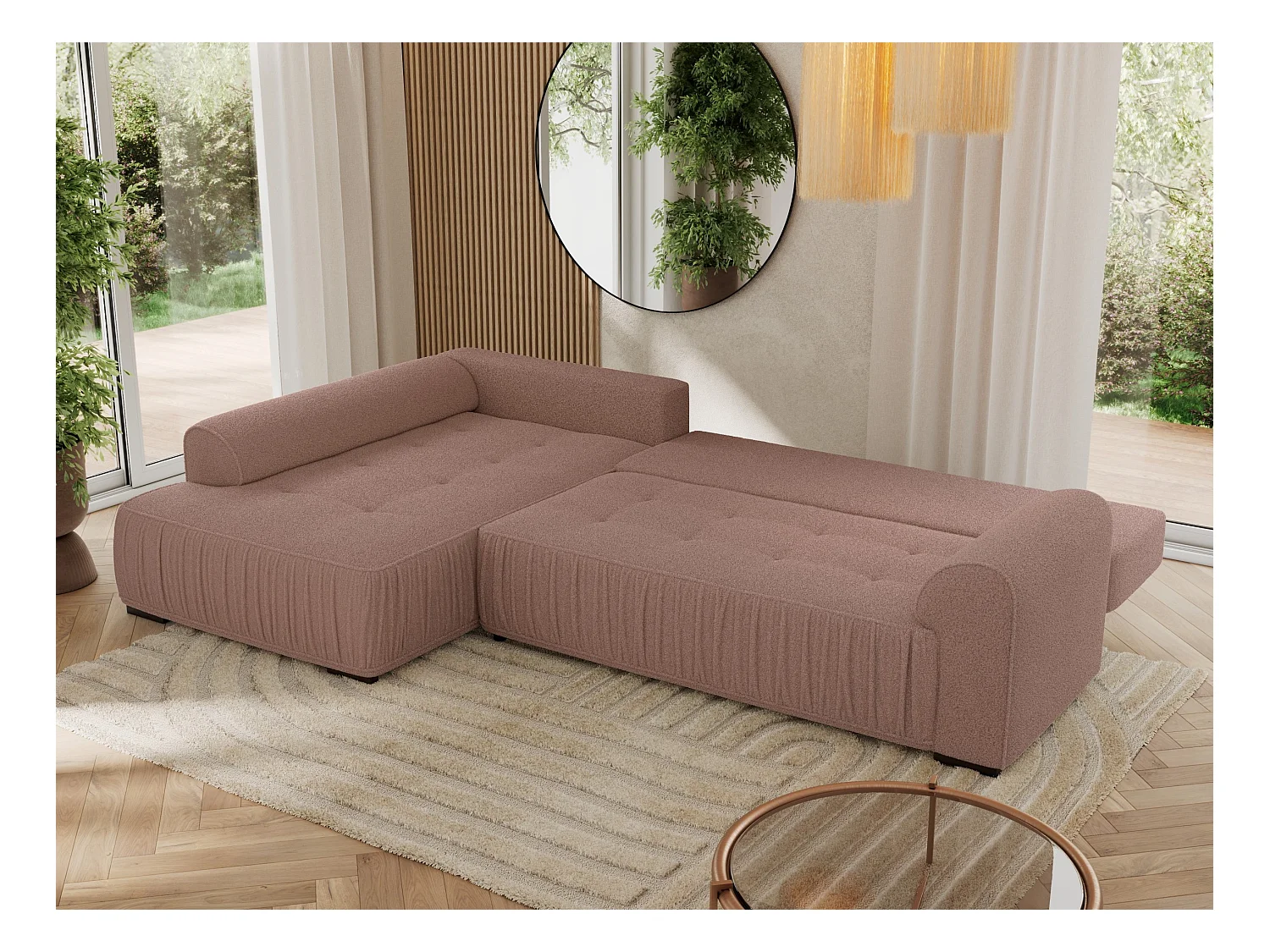 Ecksofa ORTA - Schlaffunktion und Bettkasten, lose Kissen, gesteppter Sitz, L-förmige Ecke - Rosa Boucle - Ecke Links