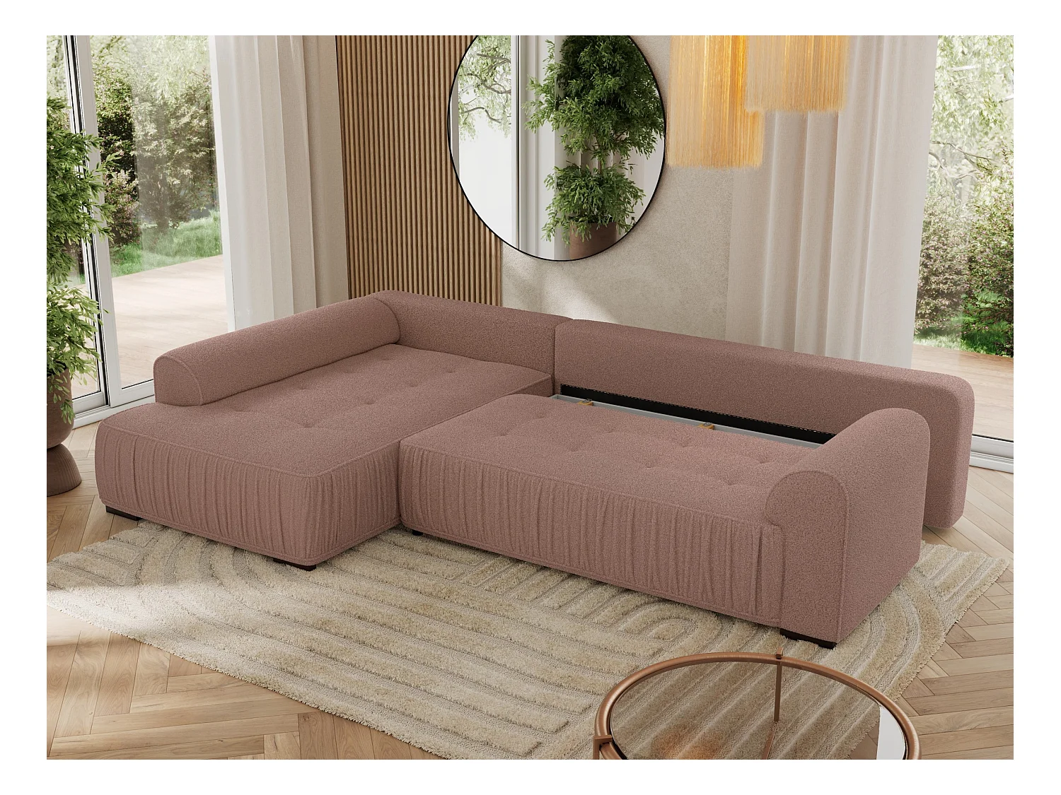 Ecksofa ORTA - Schlaffunktion und Bettkasten, lose Kissen, gesteppter Sitz, L-förmige Ecke - Rosa Boucle - Ecke Links