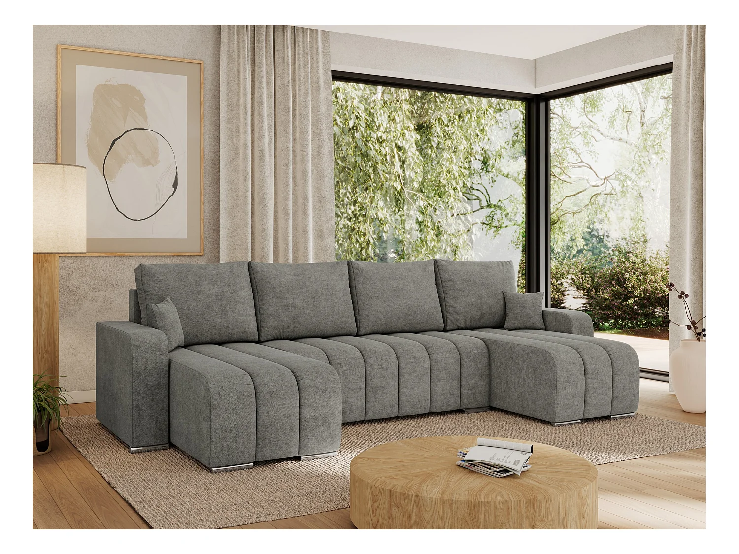 Ecksofa KIRASSO U - Wohnlandschaft, Schlaffunktion und Bettkasten, Couch U-form, lose Kissen - Grau Strukture