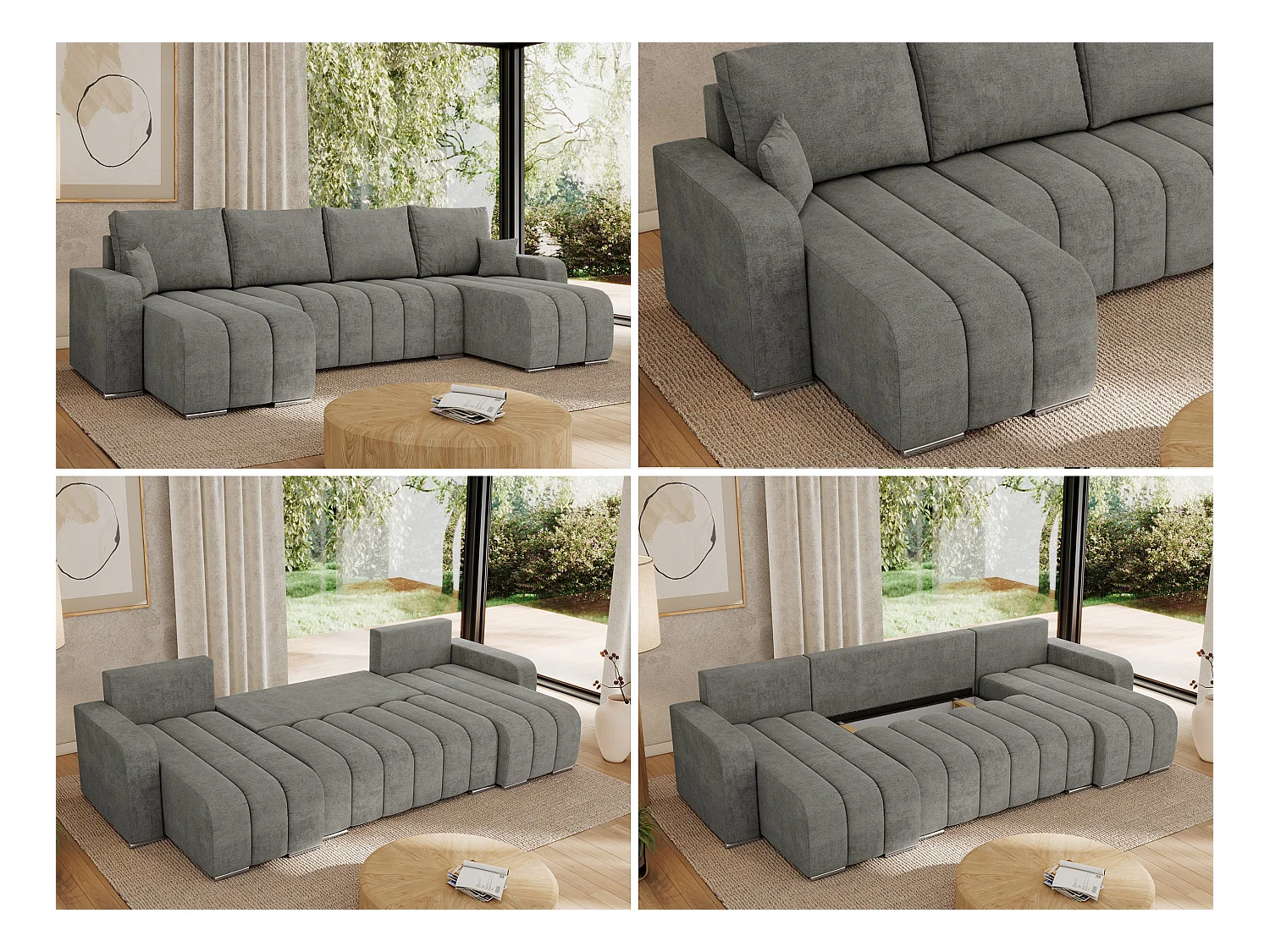 Ecksofa KIRASSO U - Wohnlandschaft, Schlaffunktion und Bettkasten, Couch U-form, lose Kissen - Grau Strukture