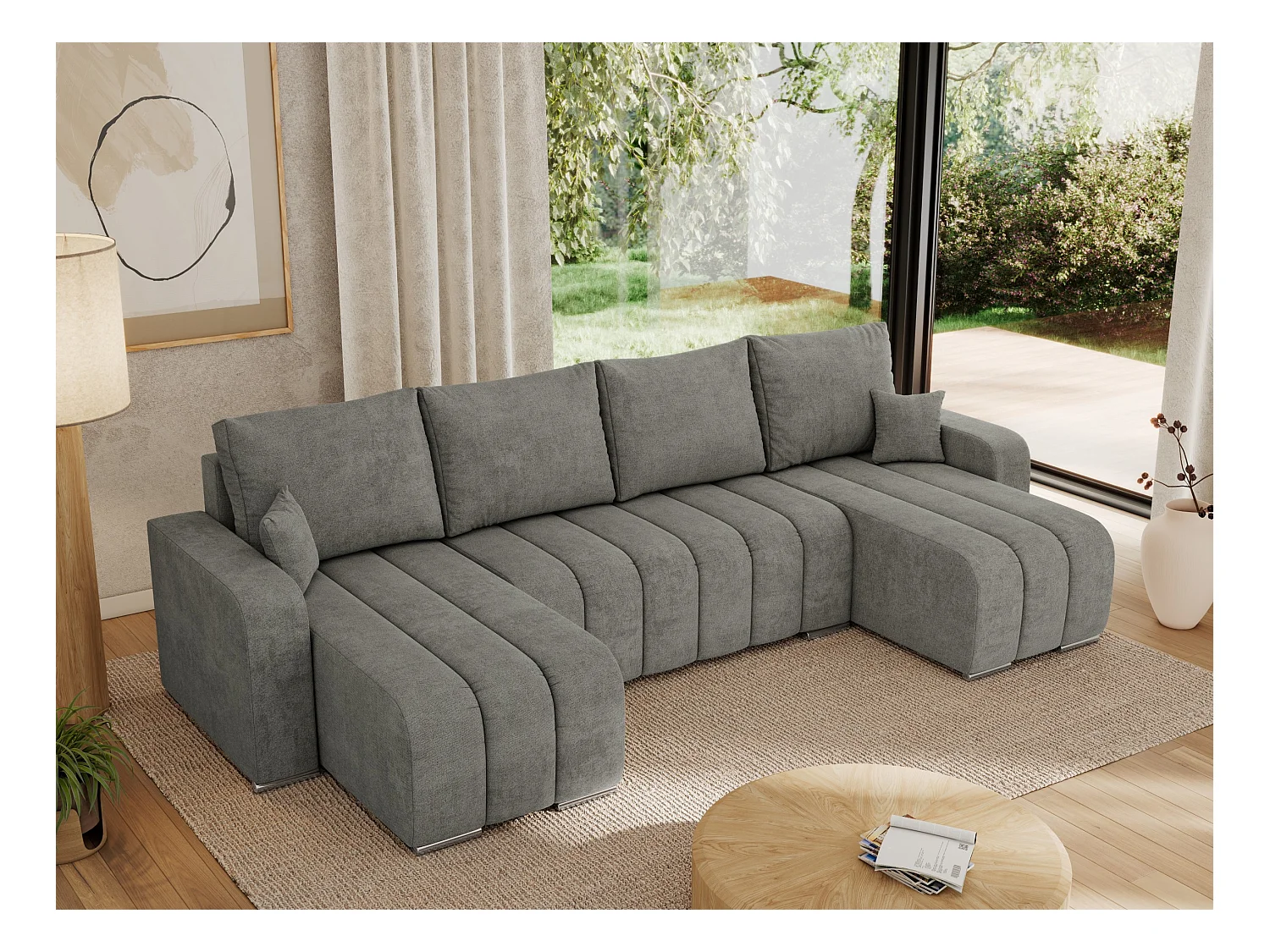 Ecksofa KIRASSO U - Wohnlandschaft, Schlaffunktion und Bettkasten, Couch U-form, lose Kissen - Grau Strukture