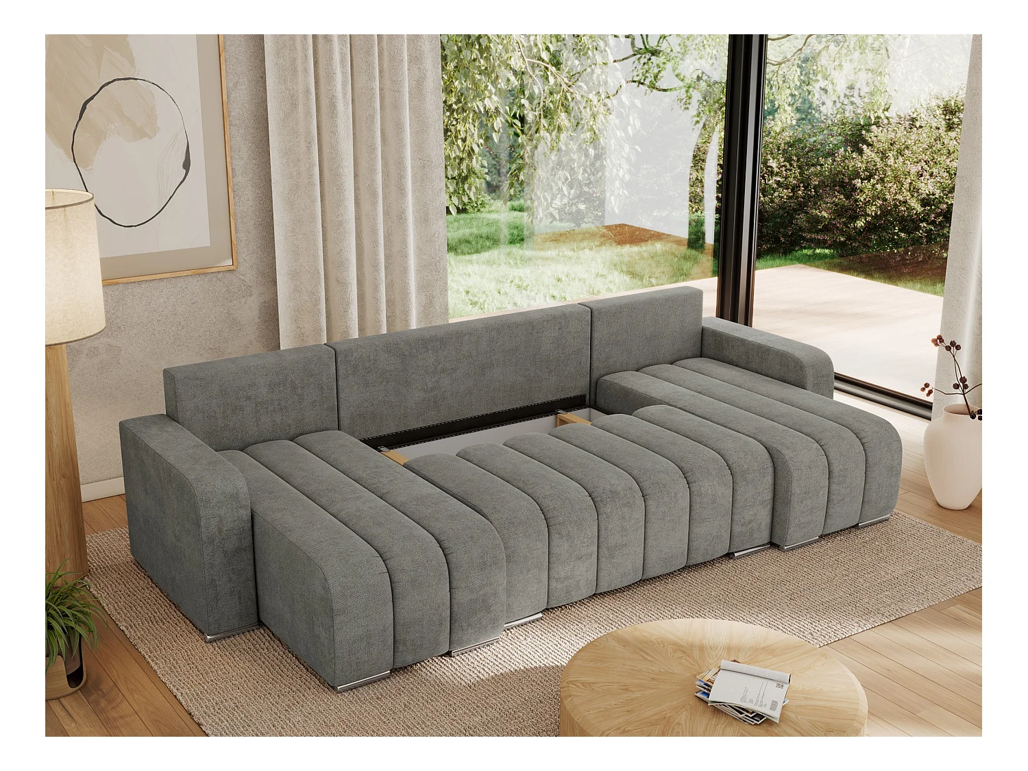 Ecksofa KIRASSO U - Wohnlandschaft, Schlaffunktion und Bettkasten, Couch U-form, lose Kissen - Grau Strukture