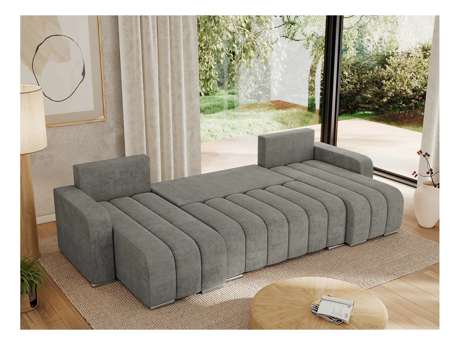Ecksofa KIRASSO U - Wohnlandschaft, Schlaffunktion und Bettkasten, Couch U-form, lose Kissen - Grau Strukture