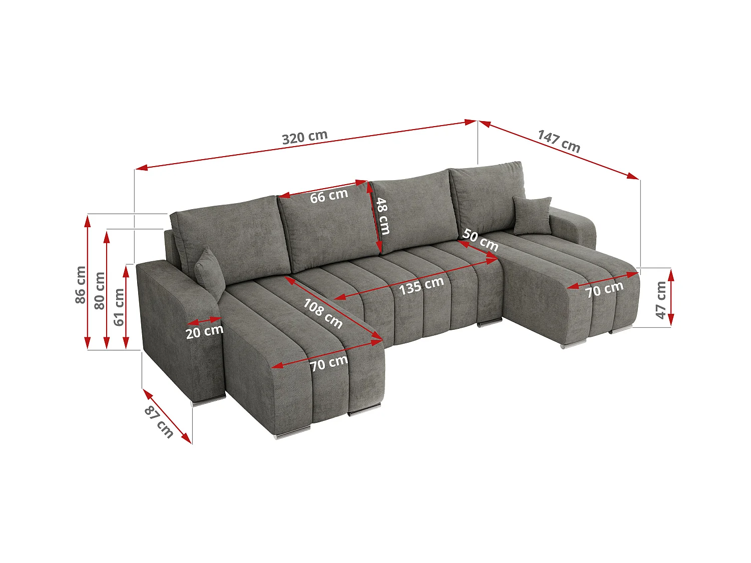 Ecksofa KIRASSO U - Wohnlandschaft, Schlaffunktion und Bettkasten, Couch U-form, lose Kissen - Grau Strukture