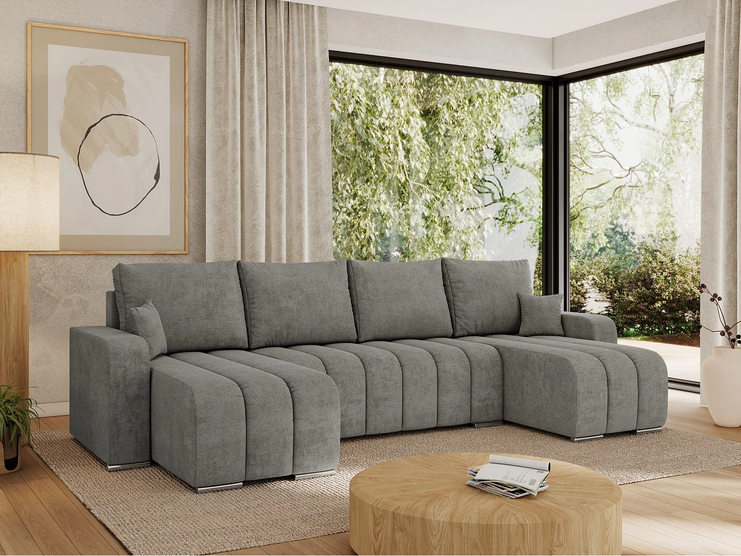 Ecksofa KIRASSO U - Wohnlandschaft, Schlaffunktion und Bettkasten, Couch U-form, lose Kissen - Grau Strukture