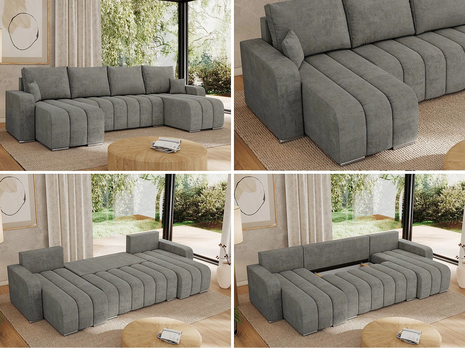 Ecksofa KIRASSO U - Wohnlandschaft, Schlaffunktion und Bettkasten, Couch U-form, lose Kissen - Grau Strukture