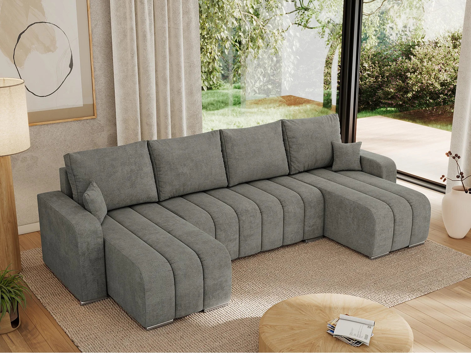 Ecksofa KIRASSO U - Wohnlandschaft, Schlaffunktion und Bettkasten, Couch U-form, lose Kissen - Grau Strukture