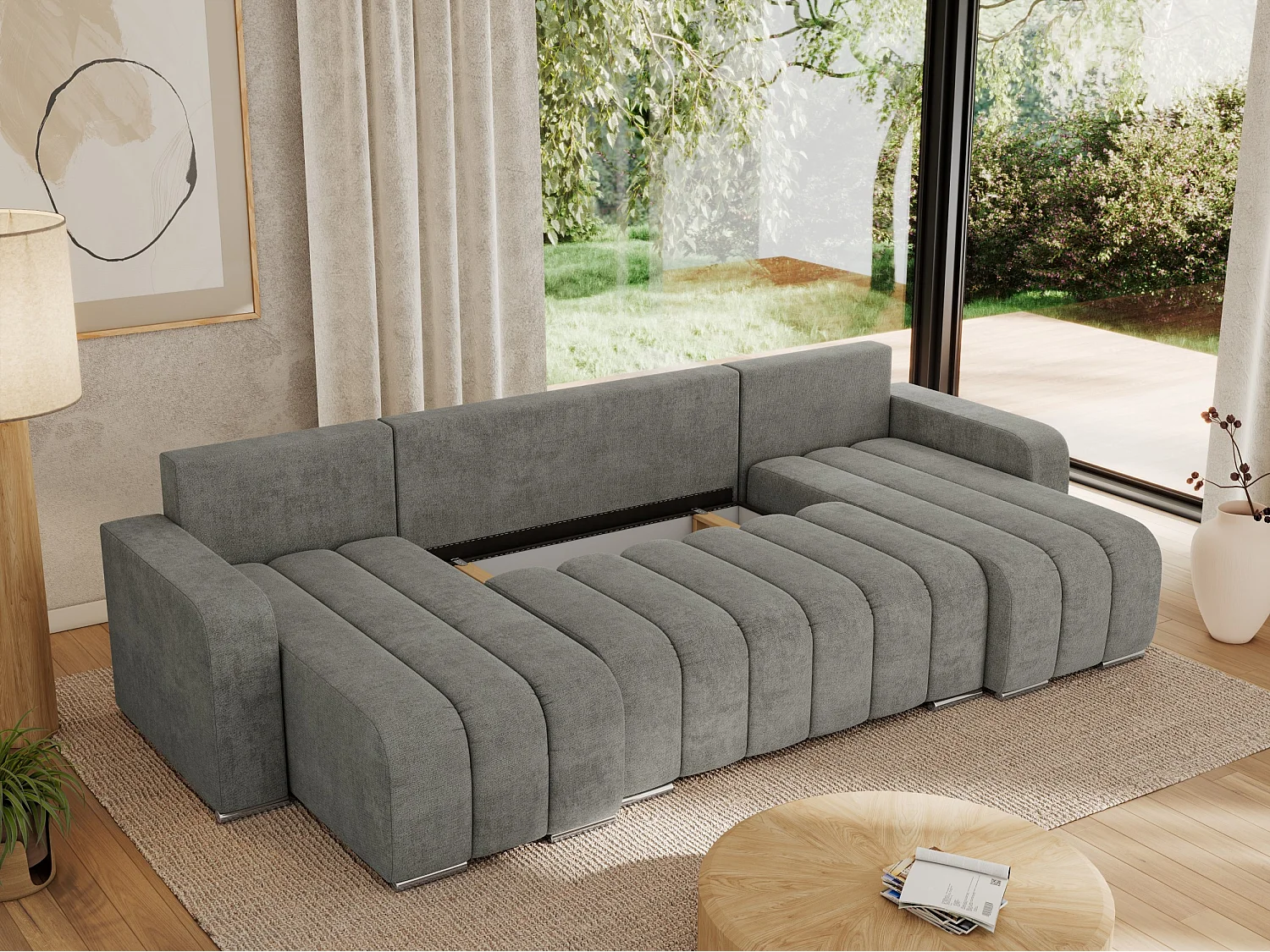 Ecksofa KIRASSO U - Wohnlandschaft, Schlaffunktion und Bettkasten, Couch U-form, lose Kissen - Grau Strukture