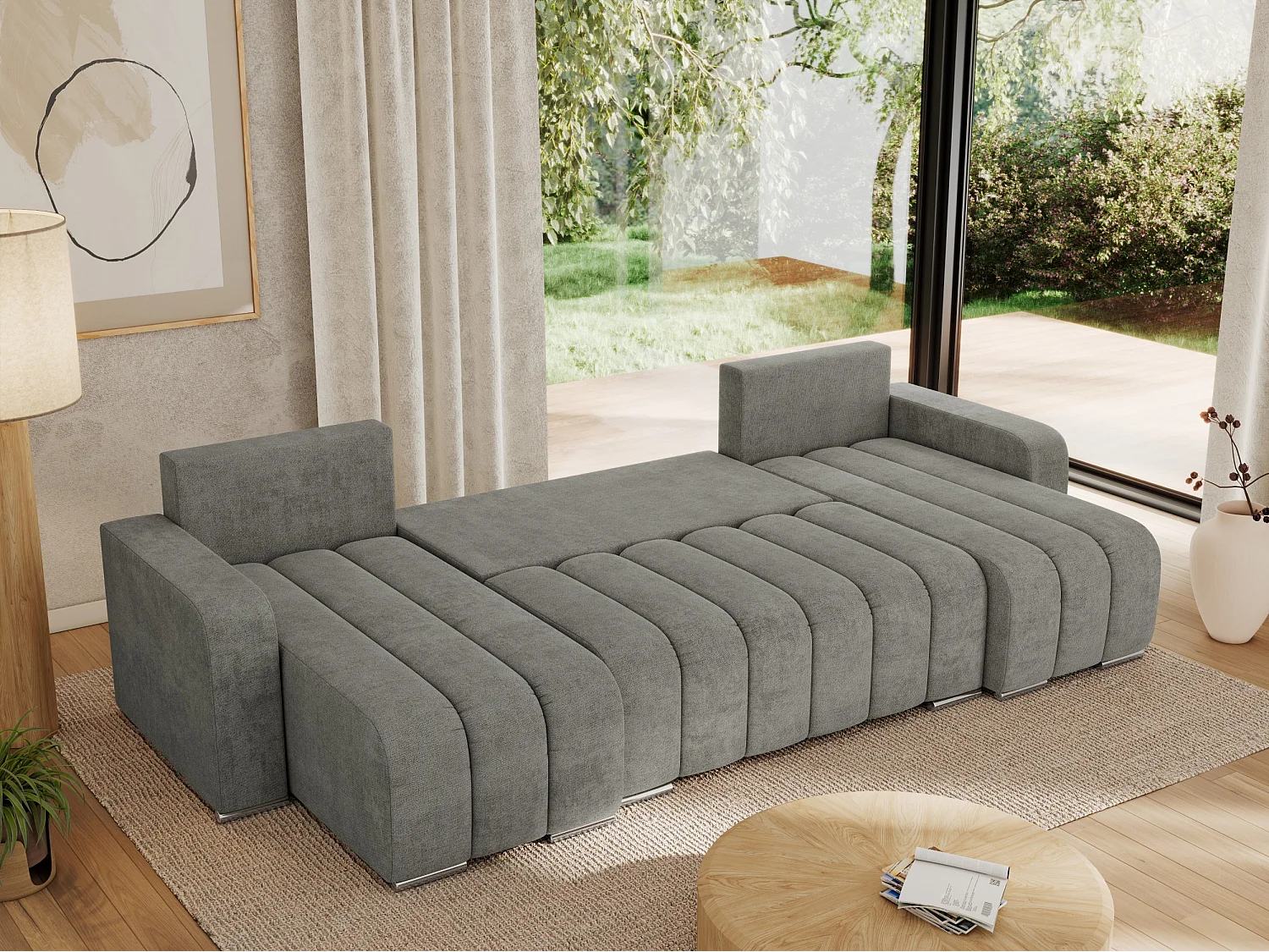 Ecksofa KIRASSO U - Wohnlandschaft, Schlaffunktion und Bettkasten, Couch U-form, lose Kissen - Grau Strukture