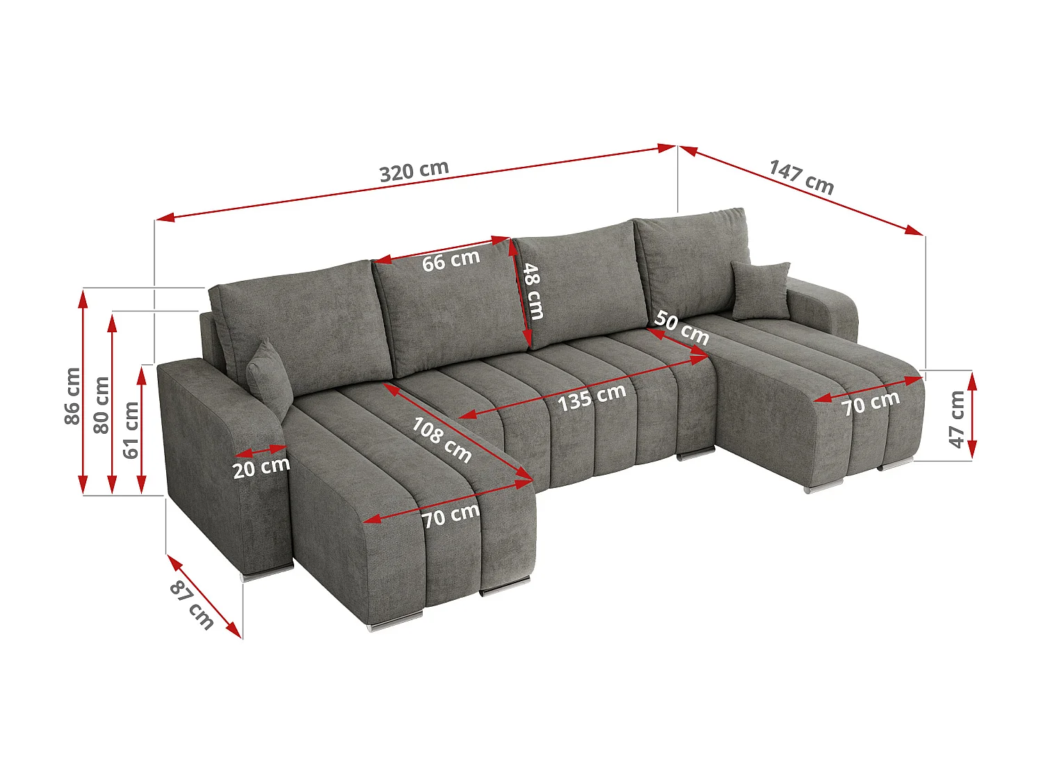 Ecksofa KIRASSO U - Wohnlandschaft, Schlaffunktion und Bettkasten, Couch U-form, lose Kissen - Grau Strukture