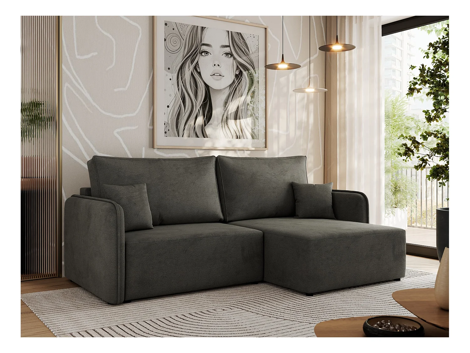 Ecksofa MESTO - Schlaffunktion und Bettkasten, L-form Couch für das Wohnzimmer, Armlehnen - Dunkelgrau Velvet - Ecke Rechts