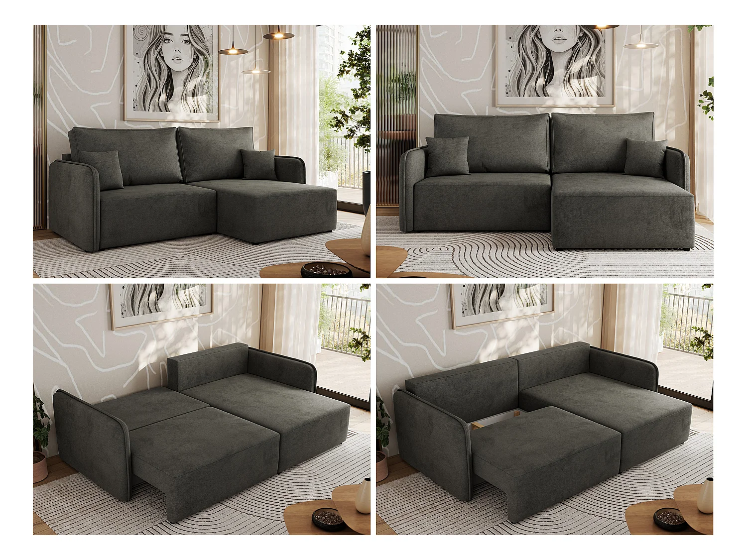 Ecksofa MESTO - Schlaffunktion und Bettkasten, L-form Couch für das Wohnzimmer, Armlehnen - Dunkelgrau Velvet - Ecke Rechts
