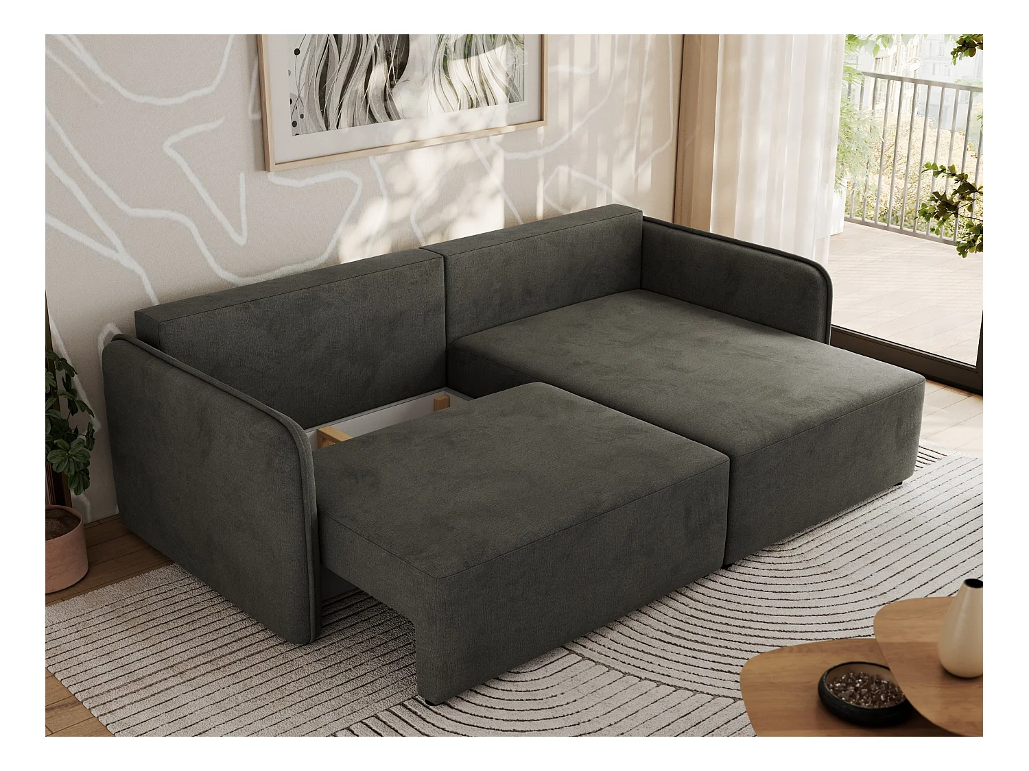 Ecksofa MESTO - Schlaffunktion und Bettkasten, L-form Couch für das Wohnzimmer, Armlehnen - Dunkelgrau Velvet - Ecke Rechts