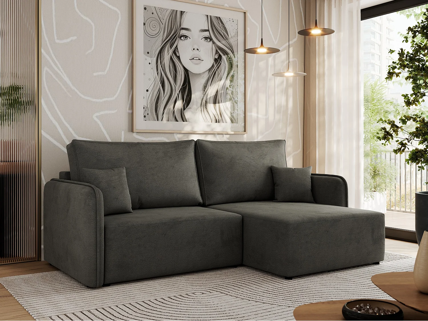 Ecksofa MESTO - Schlaffunktion und Bettkasten, L-form Couch für das Wohnzimmer, Armlehnen - Dunkelgrau Velvet - Ecke Rechts