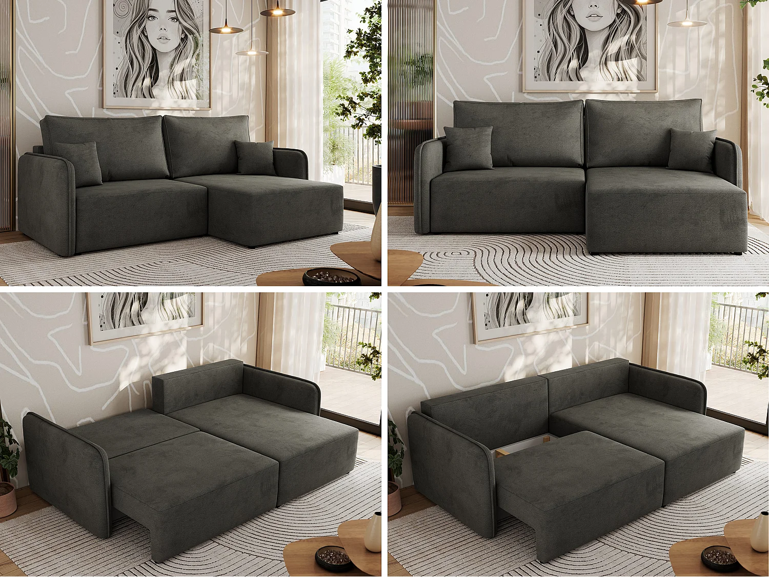 Ecksofa MESTO - Schlaffunktion und Bettkasten, L-form Couch für das Wohnzimmer, Armlehnen - Dunkelgrau Velvet - Ecke Rechts
