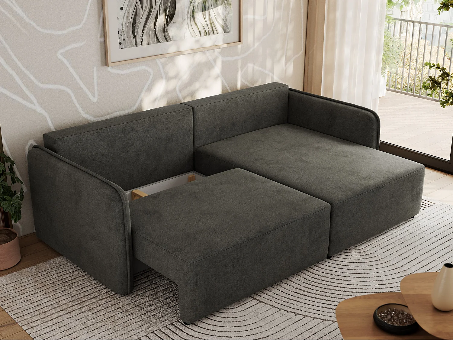 Ecksofa MESTO - Schlaffunktion und Bettkasten, L-form Couch für das Wohnzimmer, Armlehnen - Dunkelgrau Velvet - Ecke Rechts