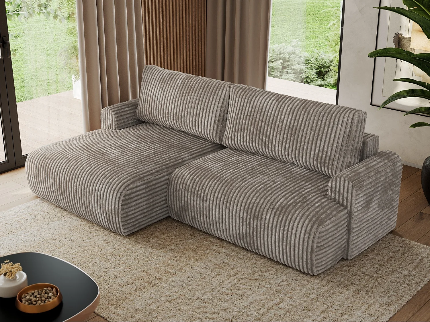 Ecksofa TONO - mit Schlaffunktion und Bettkasten, L-form Ecke, Armlehnen - Hellbraun Cord - Ecke Links