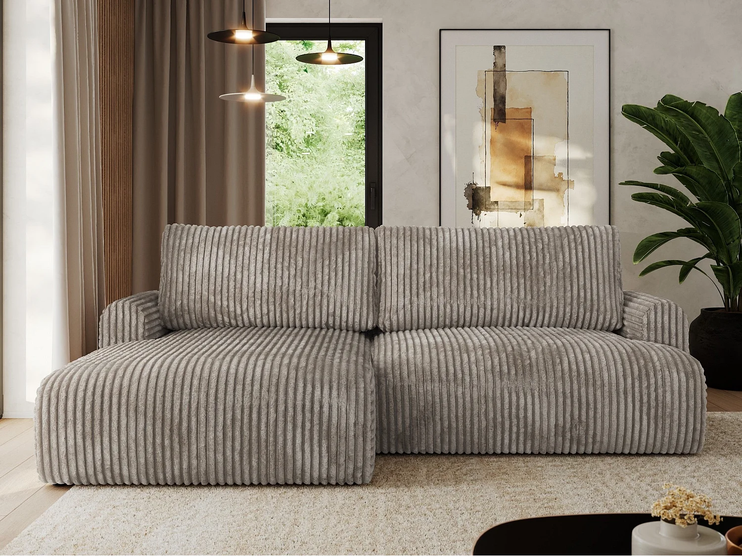Ecksofa TONO - mit Schlaffunktion und Bettkasten, L-form Ecke, Armlehnen - Hellbraun Cord - Ecke Links
